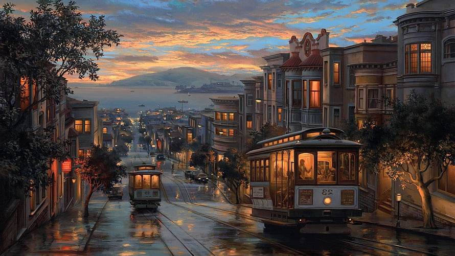 San Francisco Cable Car Street Scene at Dusk with Bay View and Victorian Architecture HD wallpaper