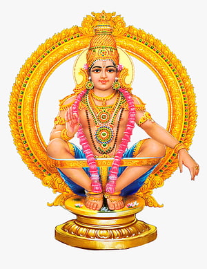 Lord Ayyappa Seated in Golden Mandala with Pink Garland and Traditional Jewelry HD phone wallpaper