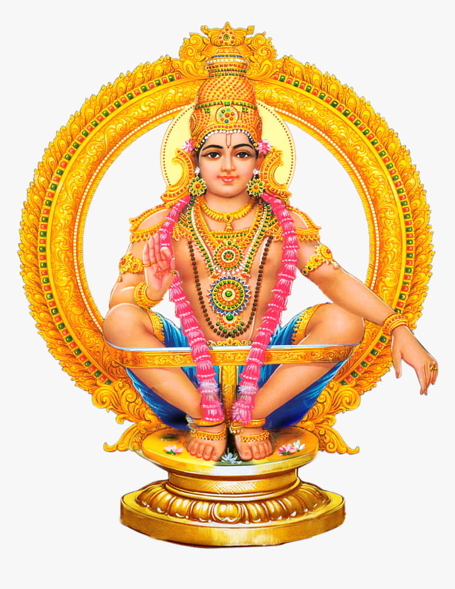Lord Ayyappa Seated in Golden Mandala with Pink Garland and Traditional Jewelry HD phone wallpaper