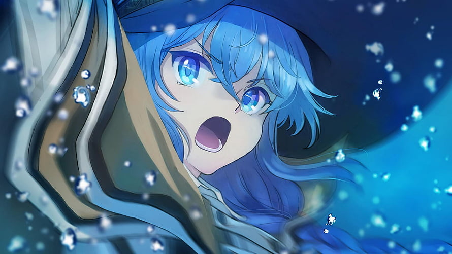 Roxy Migurdia from Mushoku Tensei in a dramatic blue-toned anime scene with sparkling particles HD wallpaper