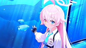 Blue Archive anime girl with pink hair and halo in an underwater aquarium scene HD wallpaper