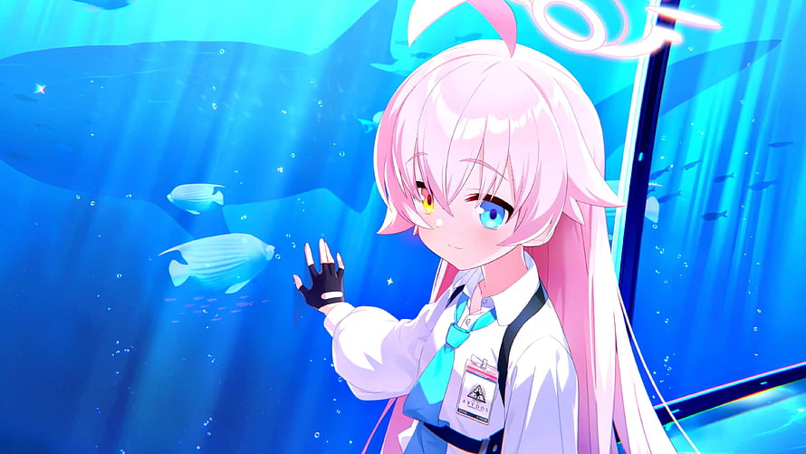Blue Archive anime girl with pink hair and halo in an underwater aquarium scene HD wallpaper