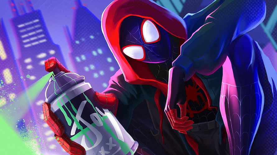 Miles Morales Spider-Man in Hooded Suit Holding Spray Paint Can Against Neon City Skyline HD wallpaper