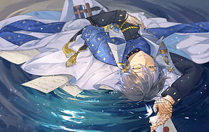 Ike Eveland Anime Character Lying in Water with Blue and White Regal Attire HD wallpaper
