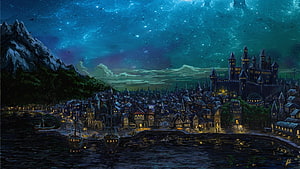 Fantasy Medieval City at Night with Castle and Starry Sky HD wallpaper