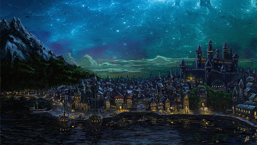 Fantasy Medieval City at Night with Castle and Starry Sky HD wallpaper