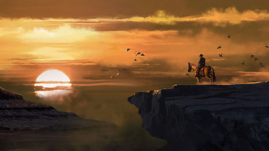 Red Dead Redemption Cowboy on Horseback at Golden Sunset Over Rocky Cliffs HD wallpaper