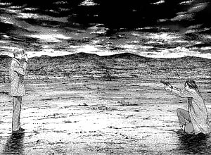 Kenzo Tenma and Monster Confrontation in a Desolate Landscape HD wallpaper