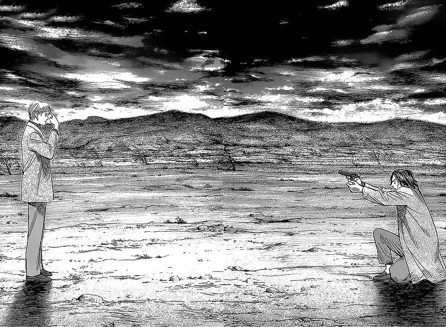 Kenzo Tenma and Monster Confrontation in a Desolate Landscape HD wallpaper