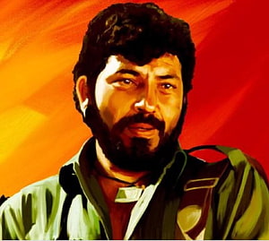 Amjad Khan Portrait in Sholay Film Still with Red and Orange Background HD wallpaper