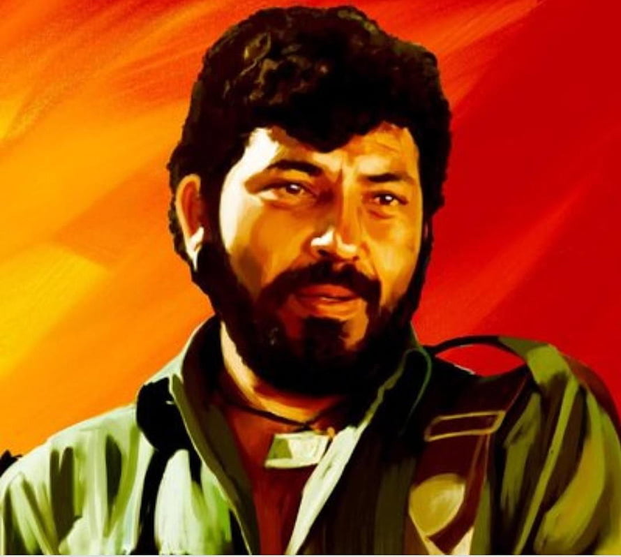 Amjad Khan Portrait in Sholay Film Still with Red and Orange Background HD wallpaper