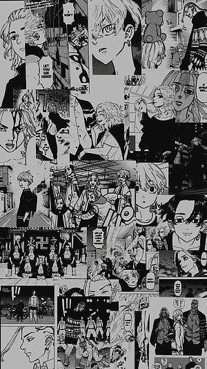Tokyo Revengers Black and White Manga Panel Collage Featuring Key Characters and Action Scenes HD phone wallpaper