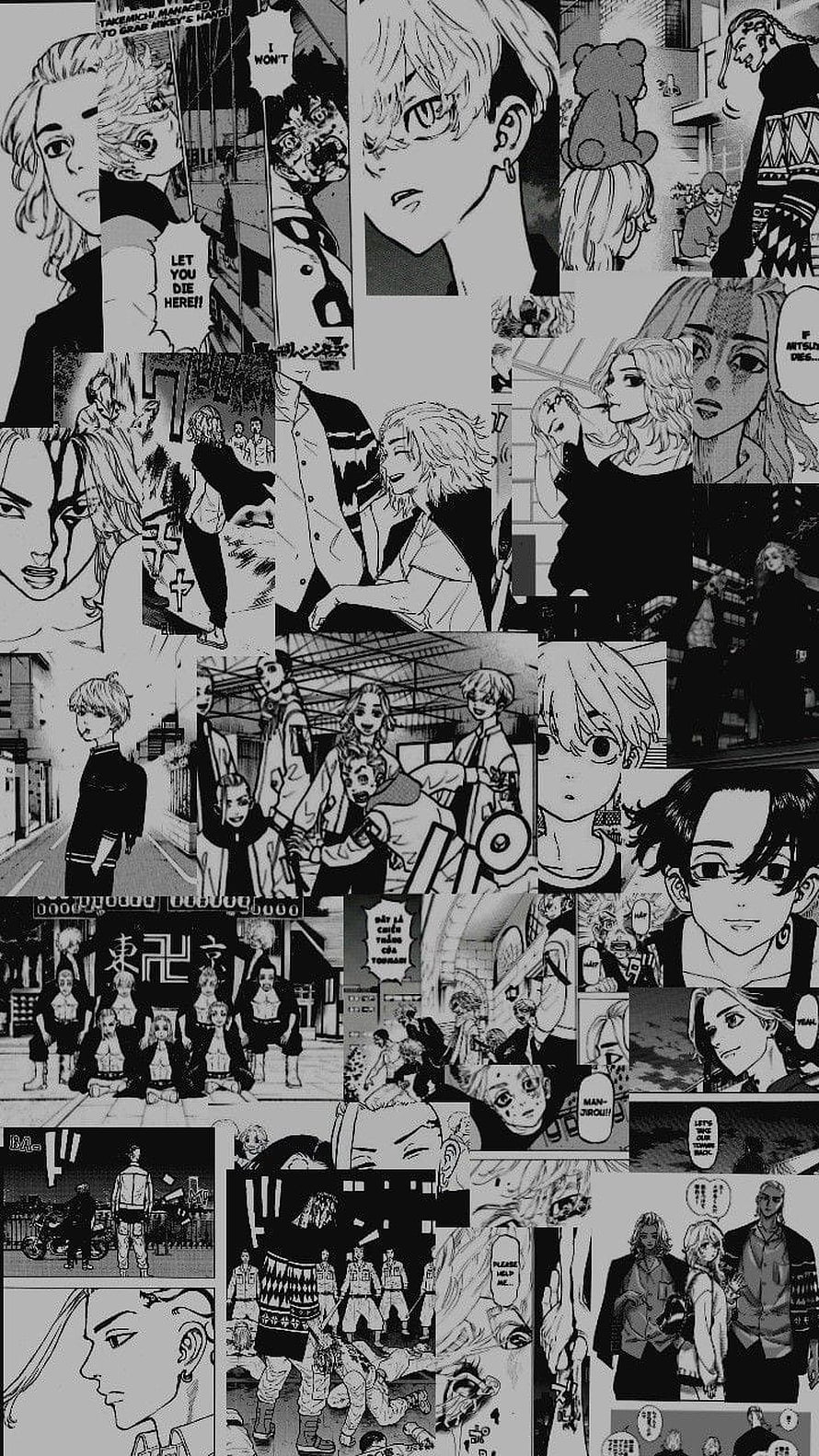 Tokyo Revengers Black and White Manga Panel Collage Featuring Key Characters and Action Scenes HD phone wallpaper