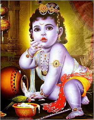 Baby Lord Krishna Stealing Butter with Peacock Crown and Flute HD phone wallpaper