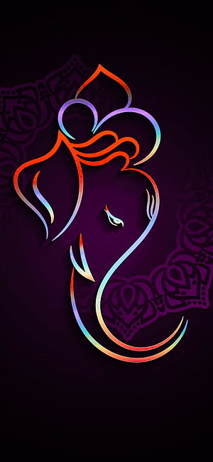 Neon Ganesha Line Art with Rainbow Gradient on Dark Purple Mandala Background HD phone wallpaper