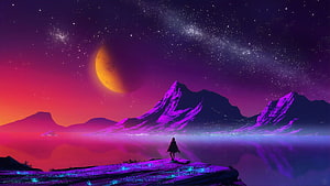 Lone Figure on Cliff Under Alien Moon and Starry Sky HD wallpaper