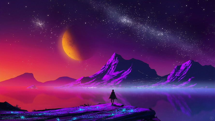 Lone Figure on Cliff Under Alien Moon and Starry Sky HD wallpaper