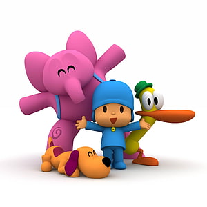 Pocoyo and Friends 3D Character Group with Elly, Pato, and Loula on White Background HD phone wallpaper