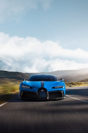 Blue Bugatti Chiron Pur Sport Driving on Desert Highway Under Cloudy Sky HD phone wallpaper