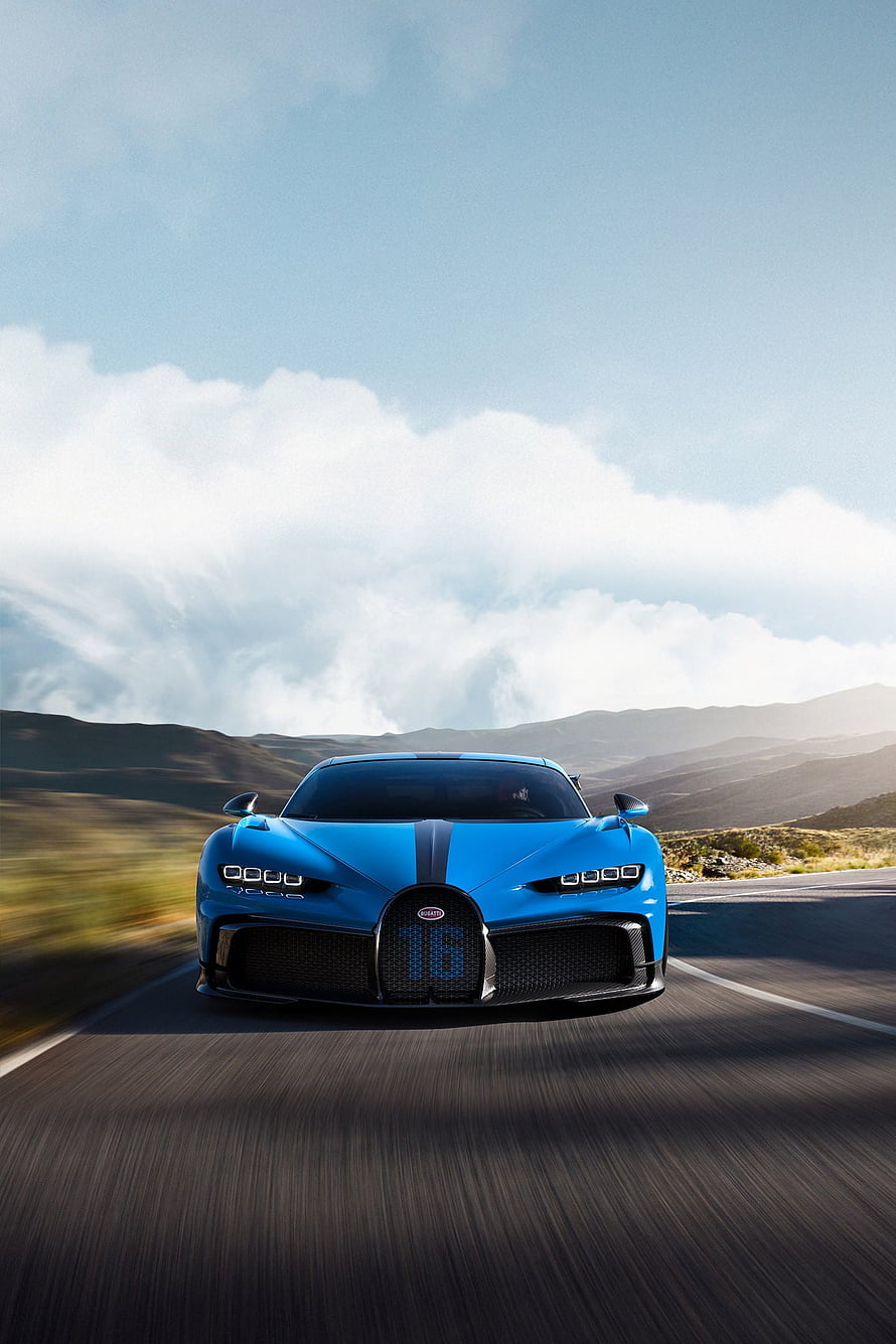 Blue Bugatti Chiron Pur Sport Driving on Desert Highway Under Cloudy Sky HD phone wallpaper