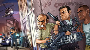 GTA V Comic Style Artwork Featuring Armed Gangsters and Police Chase in Urban Cityscape HD wallpaper
