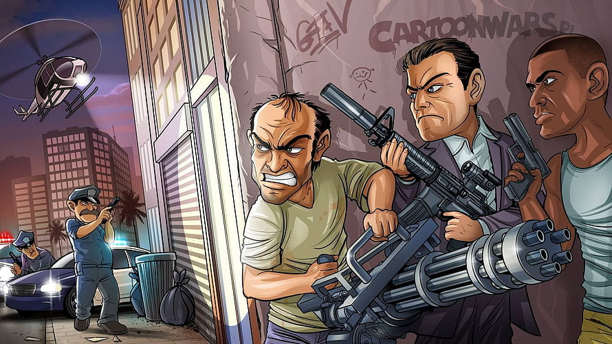 GTA V Comic Style Artwork Featuring Armed Gangsters and Police Chase in Urban Cityscape HD wallpaper