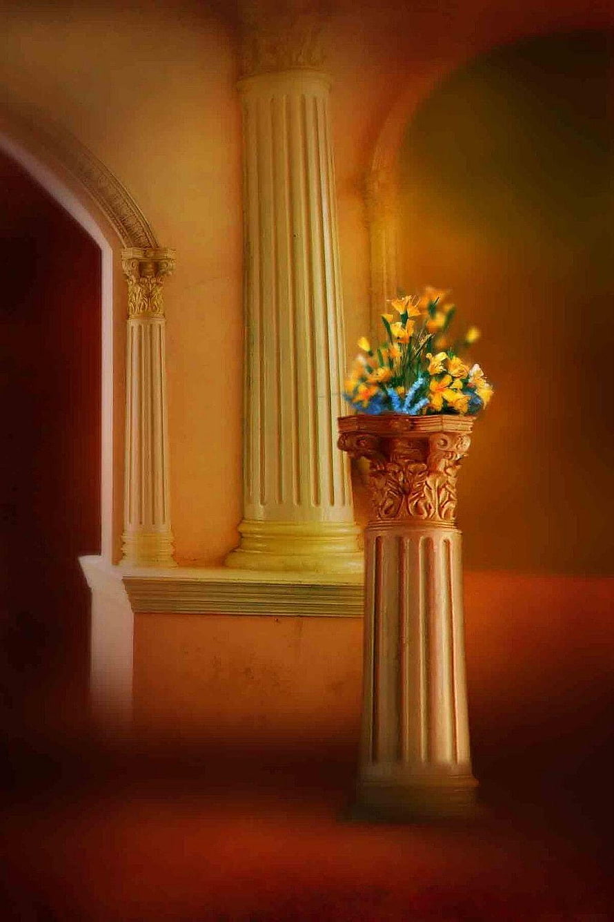 Classical Roman Columns and Flower Arrangement in Warm Golden Interior HD phone wallpaper