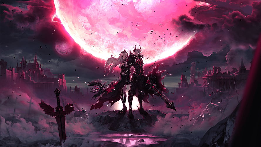 Dark Fantasy Warriors Standing Before a Giant Pink Moon Over a Ruined Castle HD wallpaper