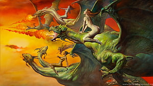 Boris Vallejo Fantasy Art: Women Riding Dragons Through a Fiery Sky HD wallpaper