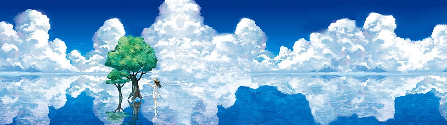 Surreal Anime Girl Standing Beside a Tree on a Reflective Water Surface Under a Cloudy Sky HD wallpaper