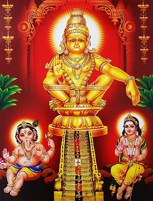 Lord Ayyappa Golden Idol with Ganesha and Shiva in Traditional Temple Setting HD phone wallpaper