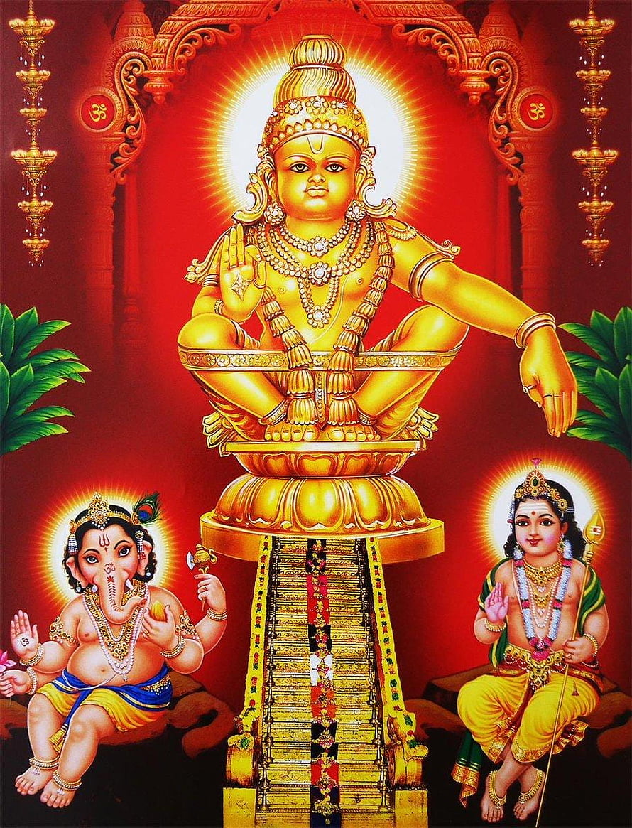 Lord Ayyappa Seated on Golden Steps with Ganesha and Shiva in Devotional Art HD phone wallpaper
