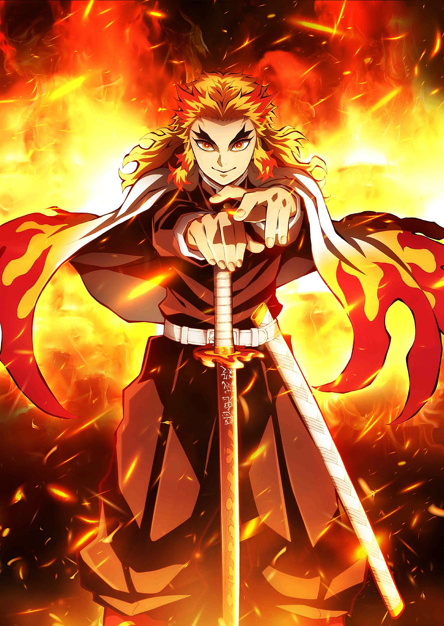Rengoku Kyojuro from Demon Slayer Standing in a Blaze of Fire with Katana HD phone wallpaper