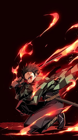Demon Slayer Tanjiro Kamado Wielding Flame Breathing Sword in Dynamic Anime Art HD phone wallpaper