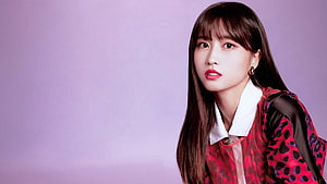 Momo from TWICE in a red leopard print outfit with a white collar against a lavender background HD wallpaper