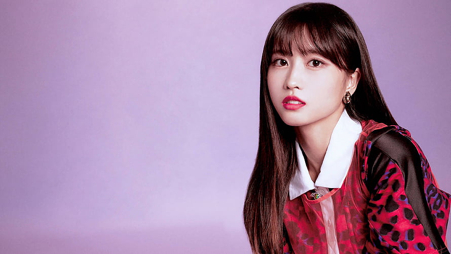 Momo from TWICE in a red leopard print outfit with a white collar against a lavender background HD wallpaper