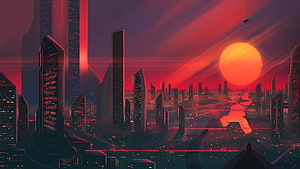 Futuristic Cyberpunk Cityscape at Dusk with Glowing Red Sky and Towering Skyscrapers HD wallpaper