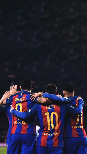 MSN Trio Celebrating Together in FC Barcelona Home Kits on the Pitch HD phone wallpaper