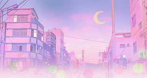 Dreamy Pink Anime Cityscape with Crescent Moon and Soft Pastel Sky HD wallpaper