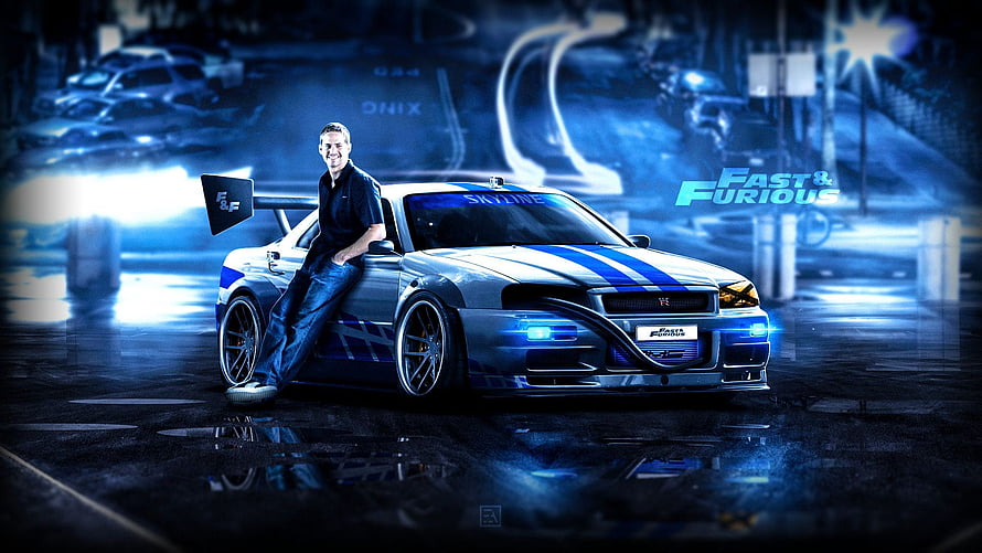 Paul Walker Leaning on Nissan Skyline in Fast and Furious Night Scene HD wallpaper