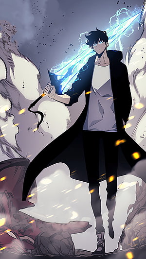 Solo Leveling Anime Character Wielding Glowing Blue Energy Sword in Dark Fantasy Battle Scene HD phone wallpaper