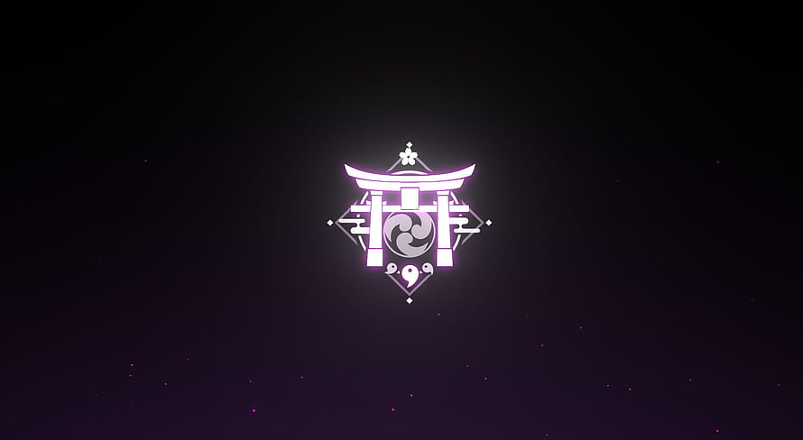 Genshin Impact Inazuma Region Emblem with Glowing Purple Torii Gate and Storm Symbol HD wallpaper