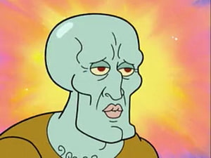 Squidward Tentacles from SpongeBob SquarePants with a weary expression against a warm sunset gradient background HD wallpaper