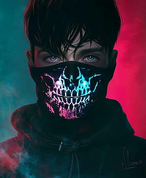 Digital Art Portrait of a Young Man Wearing a Glowing Neon Skull Mask Against a Vibrant Background, Whatsapp Dp Joker Mask HD phone wallpaper