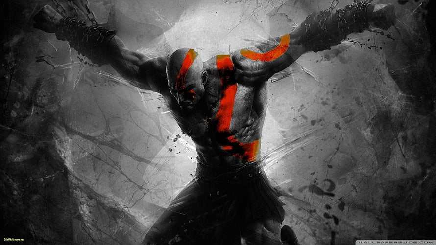 Kratos from God of War in a dramatic monochrome pose with signature red war paint HD wallpaper