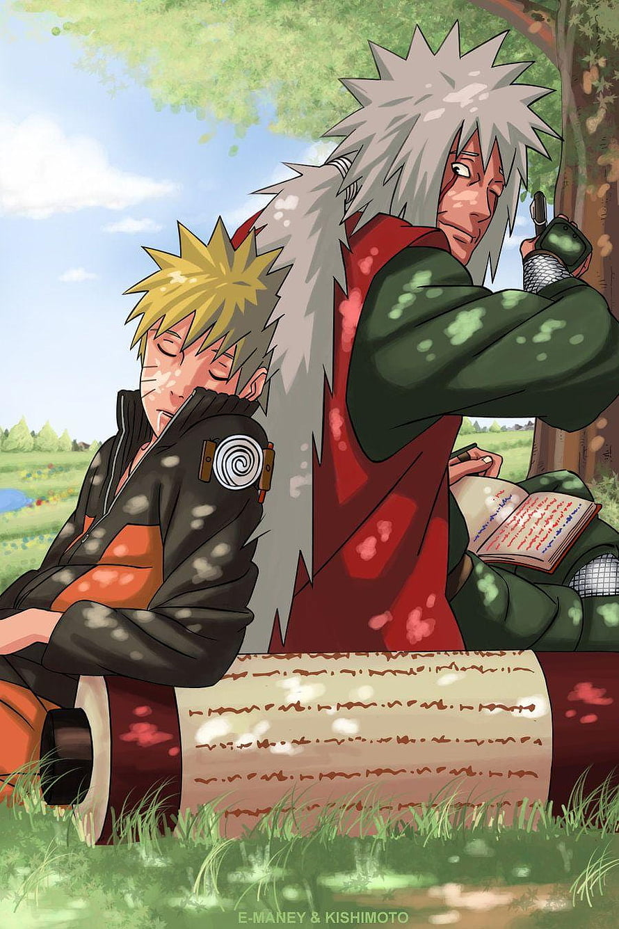 Naruto and Jiraiya Resting Under a Tree in a Peaceful Countryside Setting HD phone wallpaper