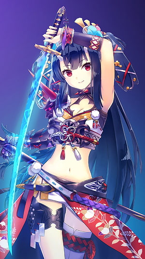 Anime Warrior Girl Wielding Glowing Katana in Ornate Japanese Armor HD phone wallpaper