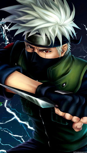 Kakashi Hatake from Naruto in a dynamic combat pose wielding a kunai with lightning effects HD phone wallpaper