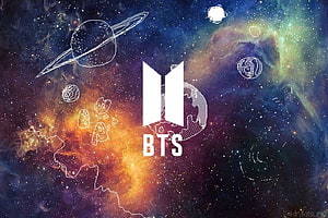 BTS Logo on Cosmic Nebula Background with Hand-Drawn Planets and Stars HD wallpaper