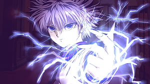 Hunter x Hunter Anime Character Channeling Electric Energy with Intense Blue Lightning HD wallpaper